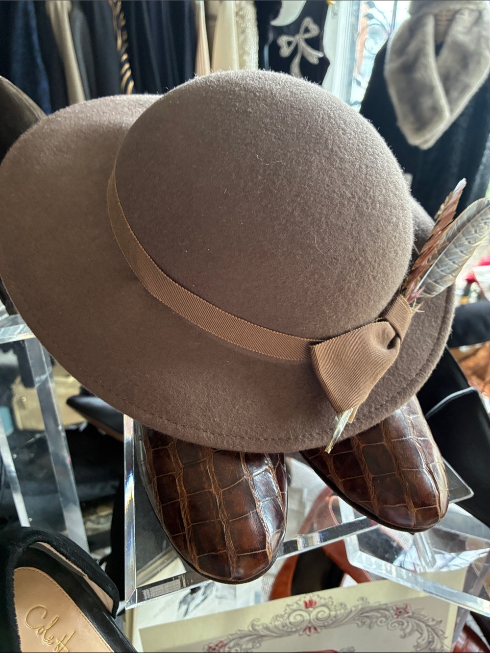 Vintage Brown Wool Felt Cloche Hat with Ribbon and Feather Accent